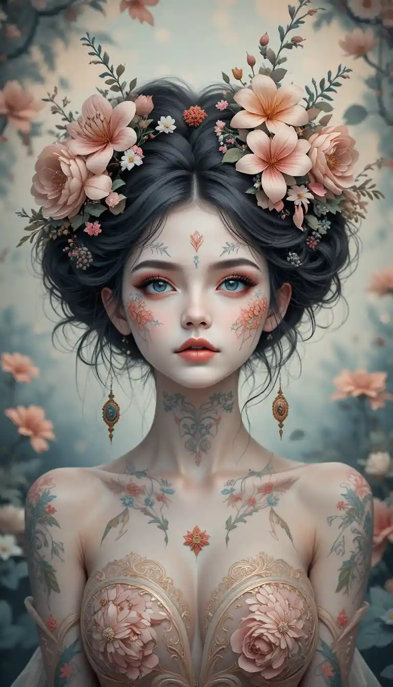 Whimsical woman in surreal floral fantasy portrait