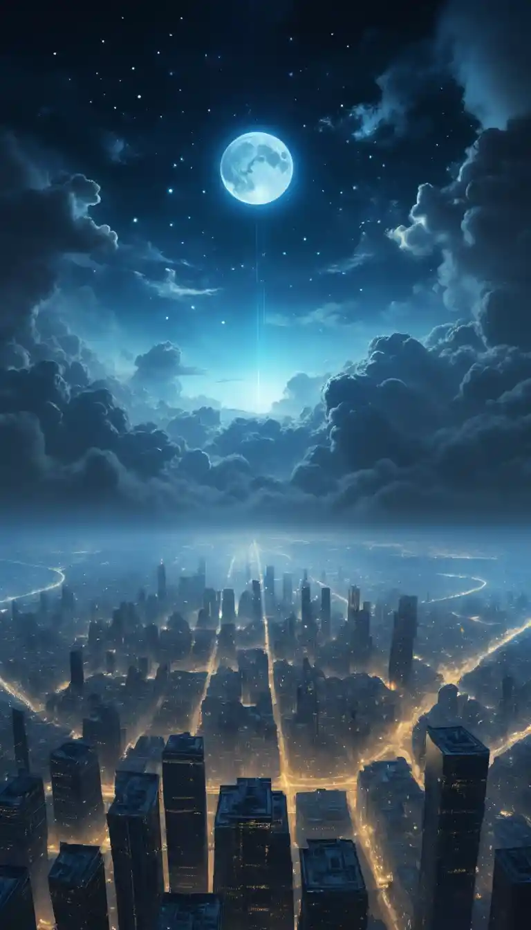 Veduta aerea notturna sopra le nuvole su una città futuristica illuminata