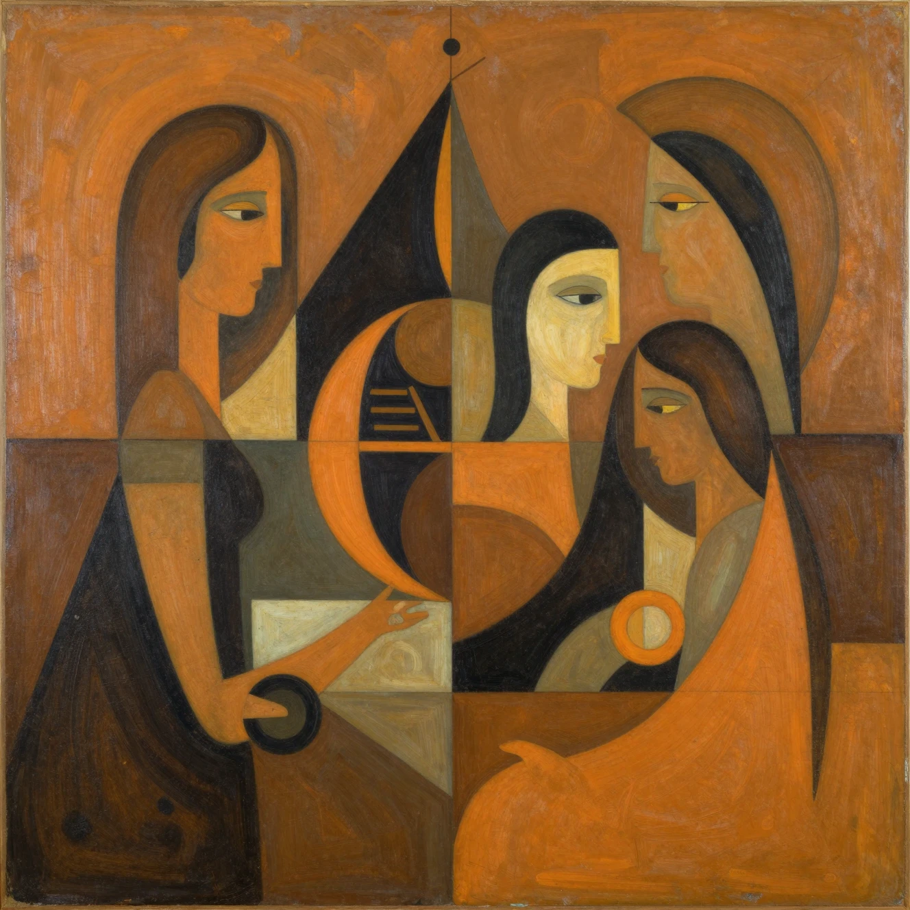 Surreal abstract painting in green and saffron tones