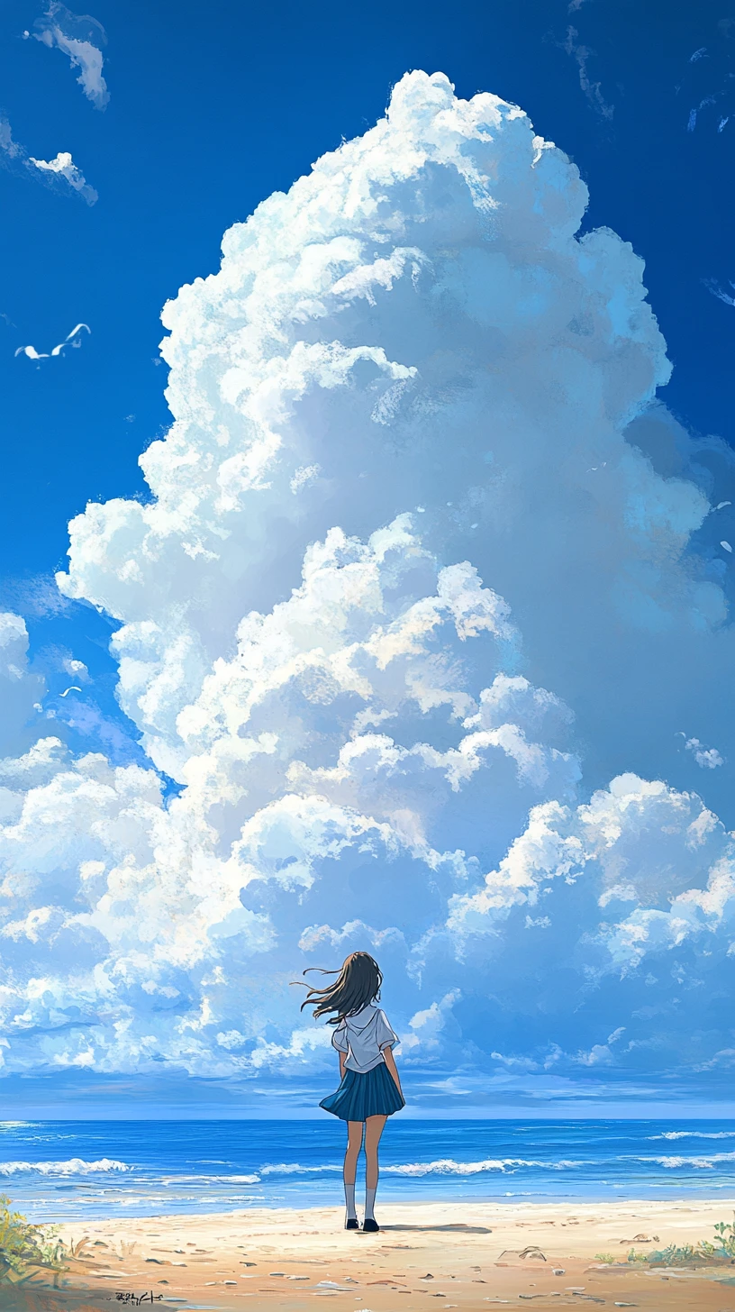 Anime-Schulmädchen an einem hellen Sommerstrand mit Wolken