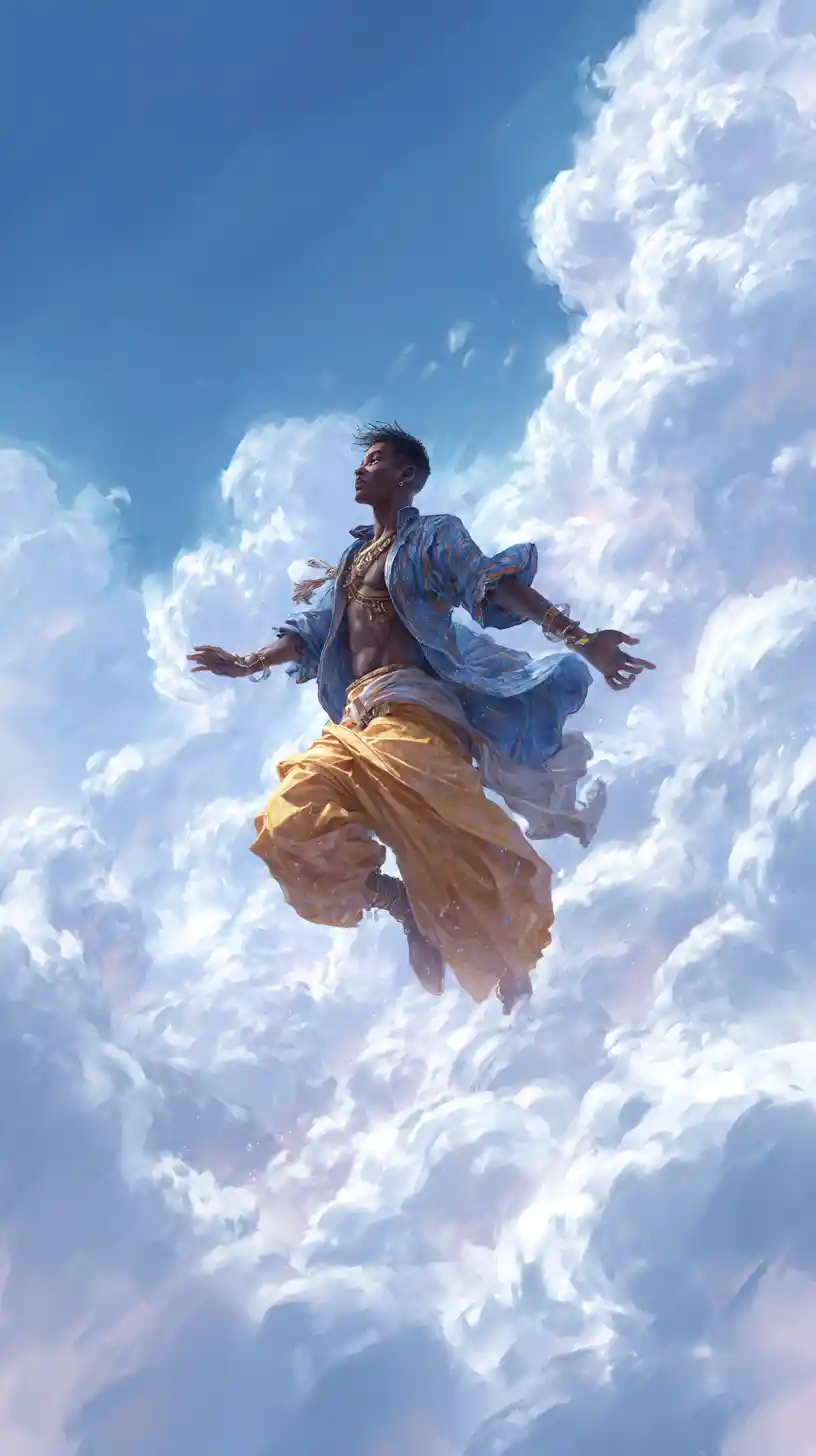 Joyful man dancing above soft clouds in bright sky