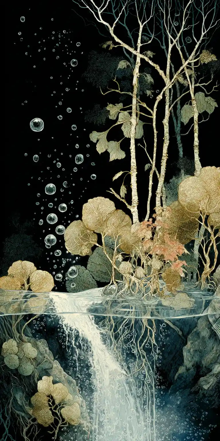 Surreal underwater forest with flowing water and birch trees