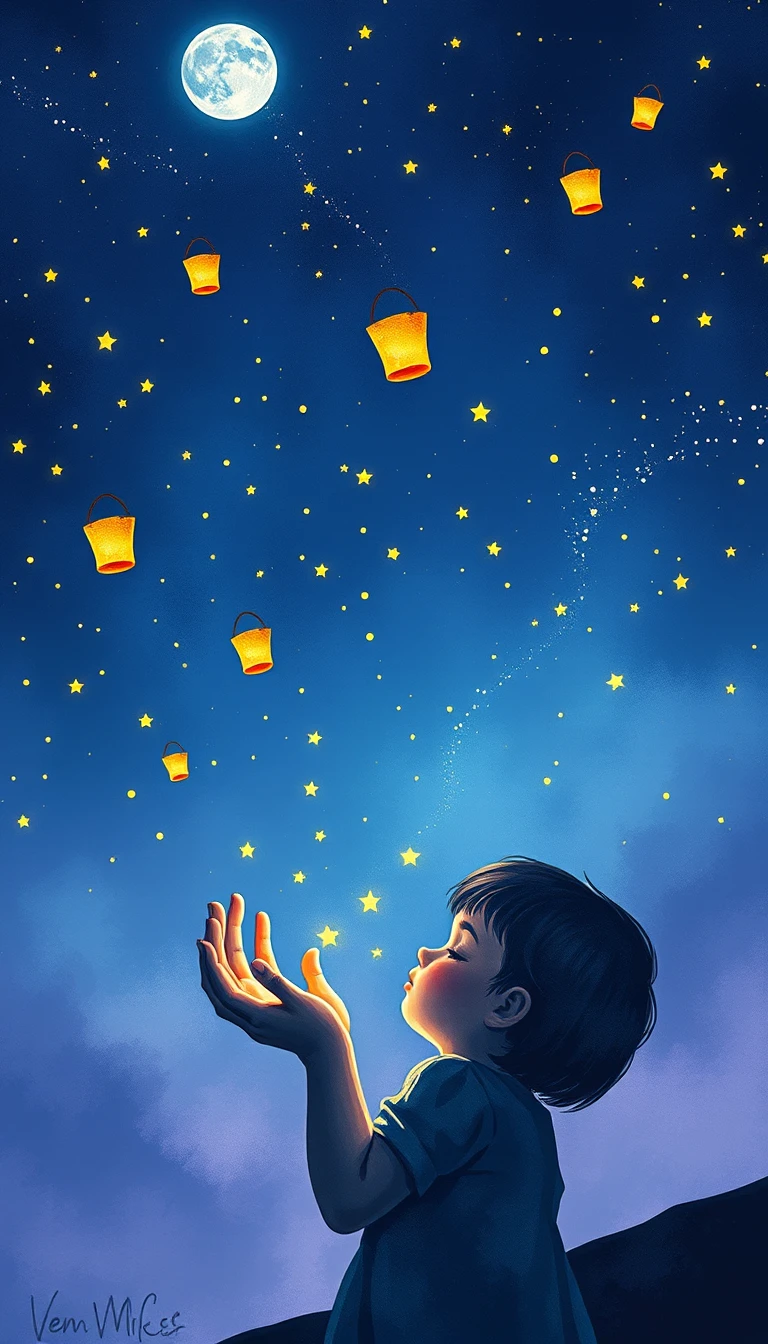 Enfant endormi sous un ciel au clair de lune et d’étoiles dérivantes