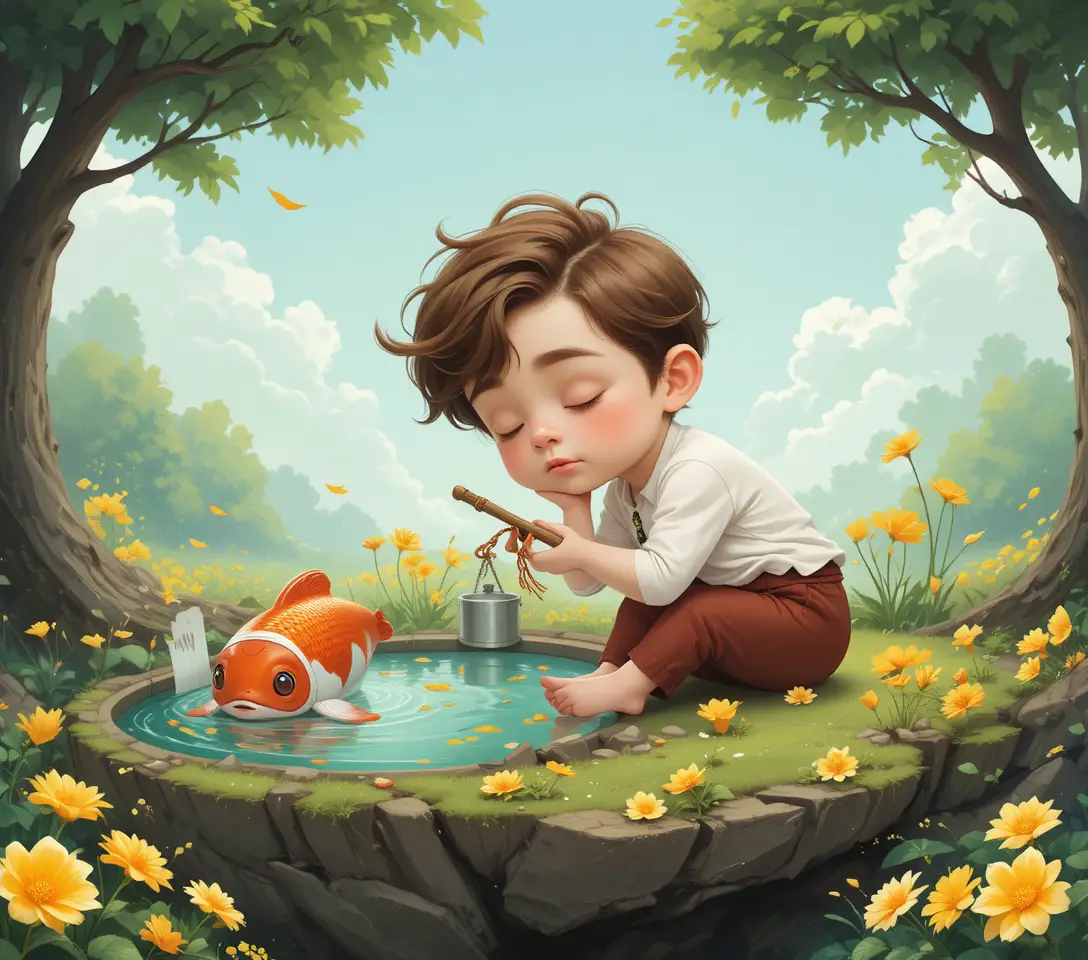 Sleeping toddler with fishing rod by a quiet pond