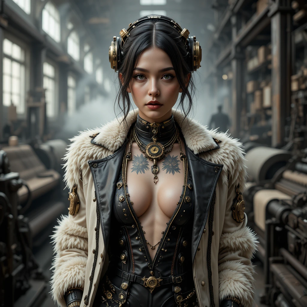 Donna steampunk fashion in primo piano in una fabbrica cinematografica