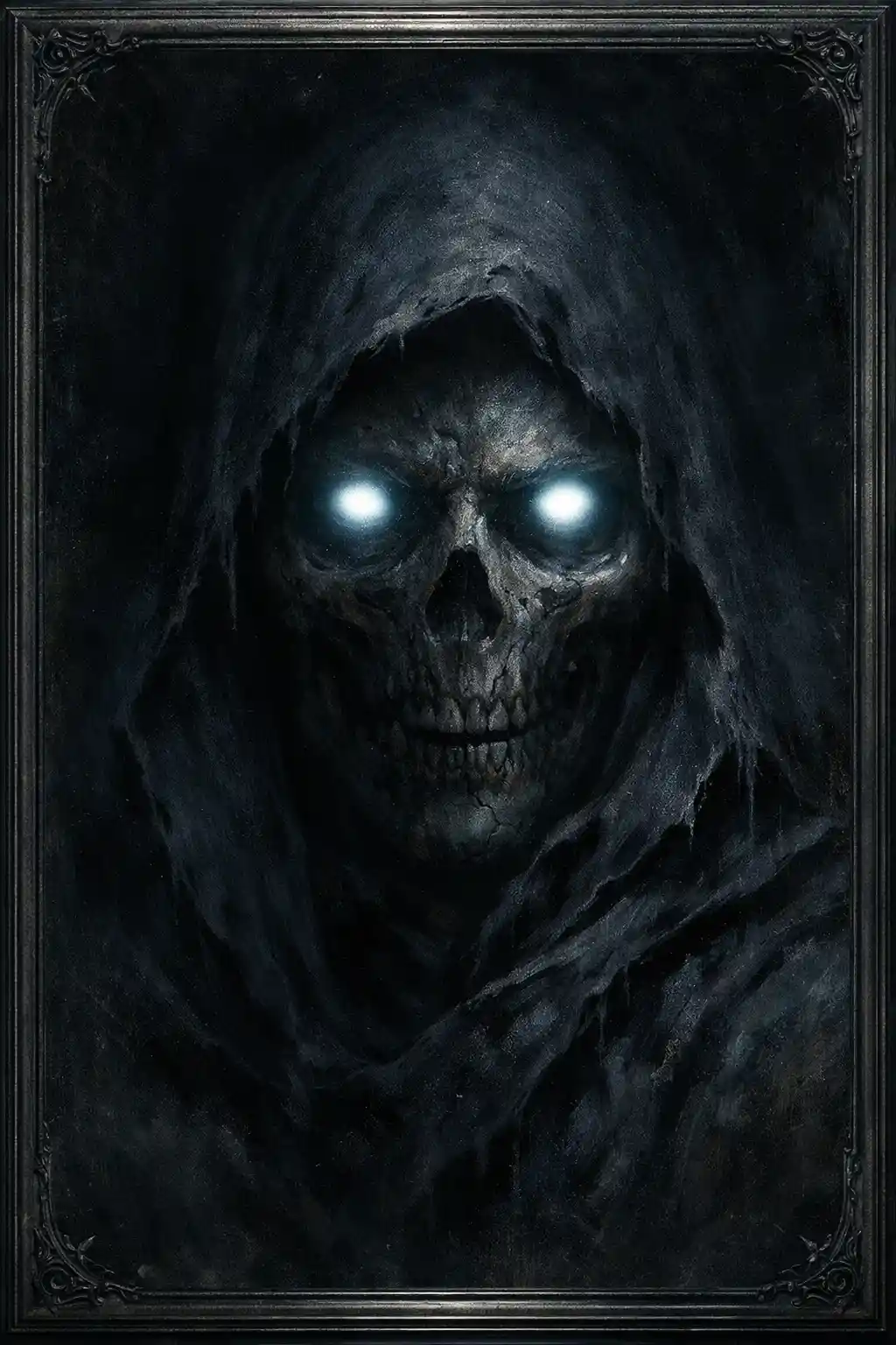 Dark fantasy portrait of a skull emerging from shadow