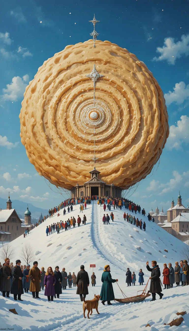 Surreal winter festival with giant pancake above snowy village