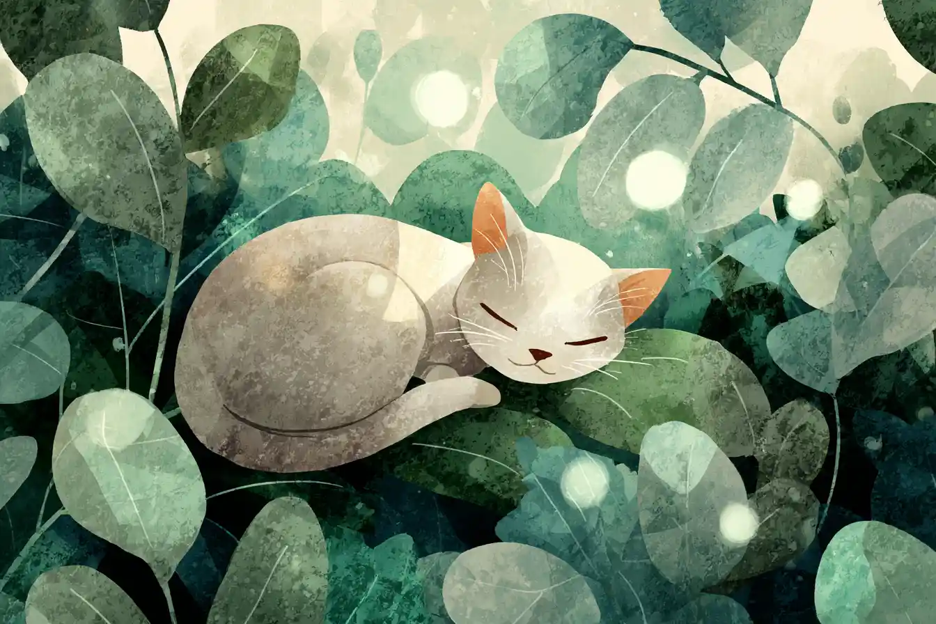 Dreamy watercolor cat resting on a forest leaf