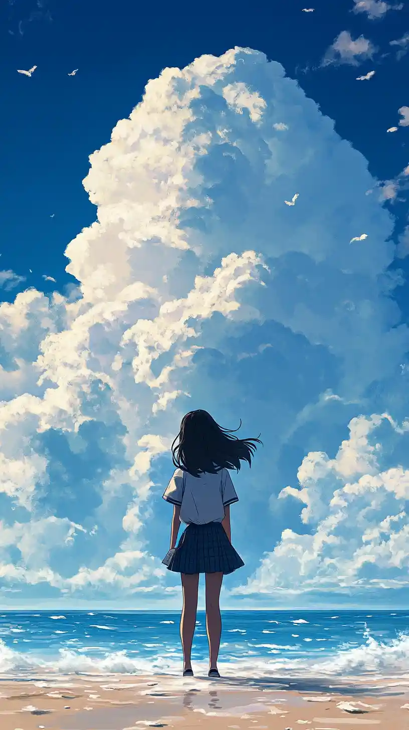 Anime schoolgirl on a summer beach under towering clouds