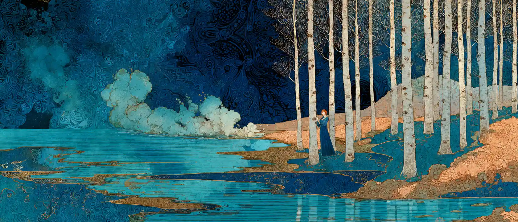 Acqua sotterranea che scorre in una oscura foresta di betulle