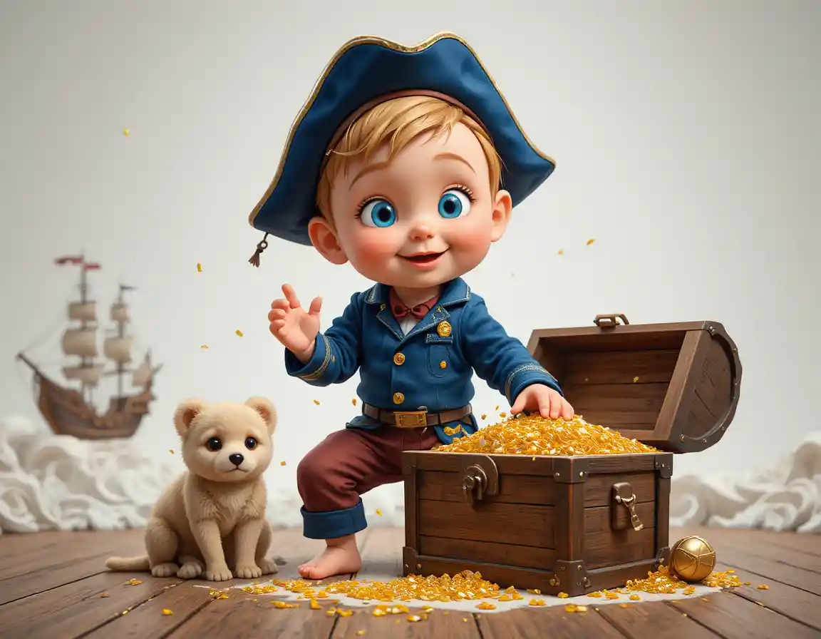 Cute toddler sailor with treasure chest in pirate room