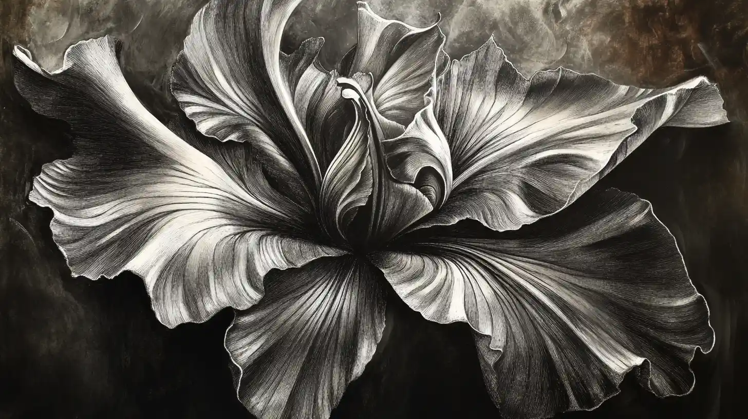 Flor de íris metálica se desabrochando em desenho abstrato a carvão