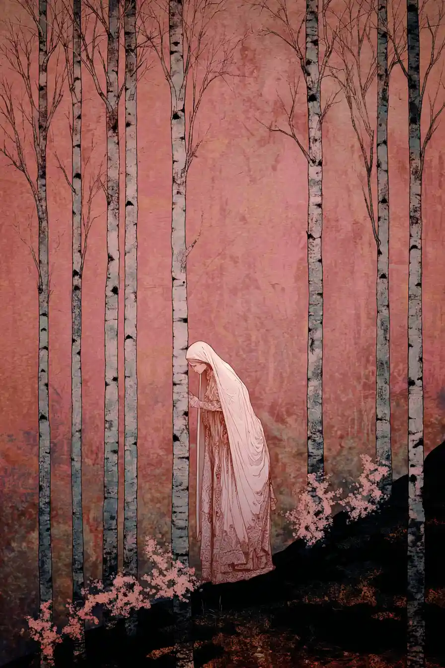 Ethereal woman of starlight in a birch forest sky
