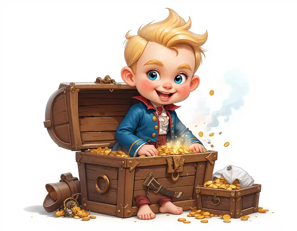 Cute blond baby pirate with treasure chest and penguin toy