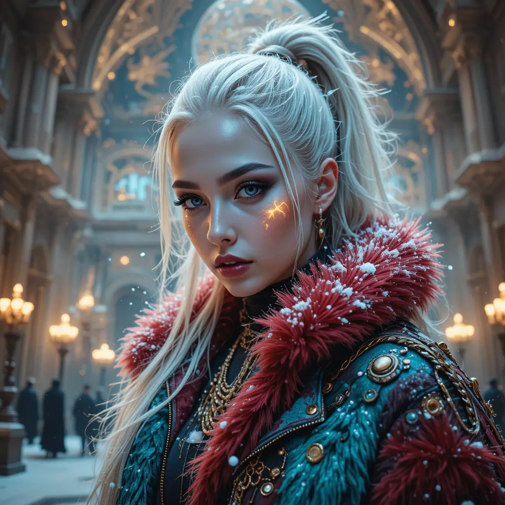 Femme haute couture devant une cathédrale de Noël atompunk futuriste