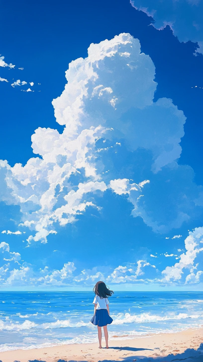 明るい夏の海辺にひとり佇むアニメ風の女子学生