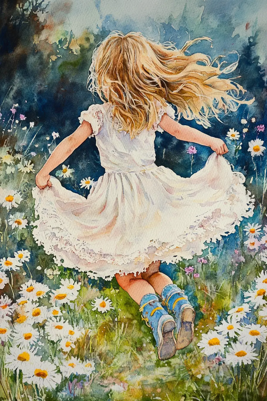 Watercolor girl twirling in wildflower field with joy
