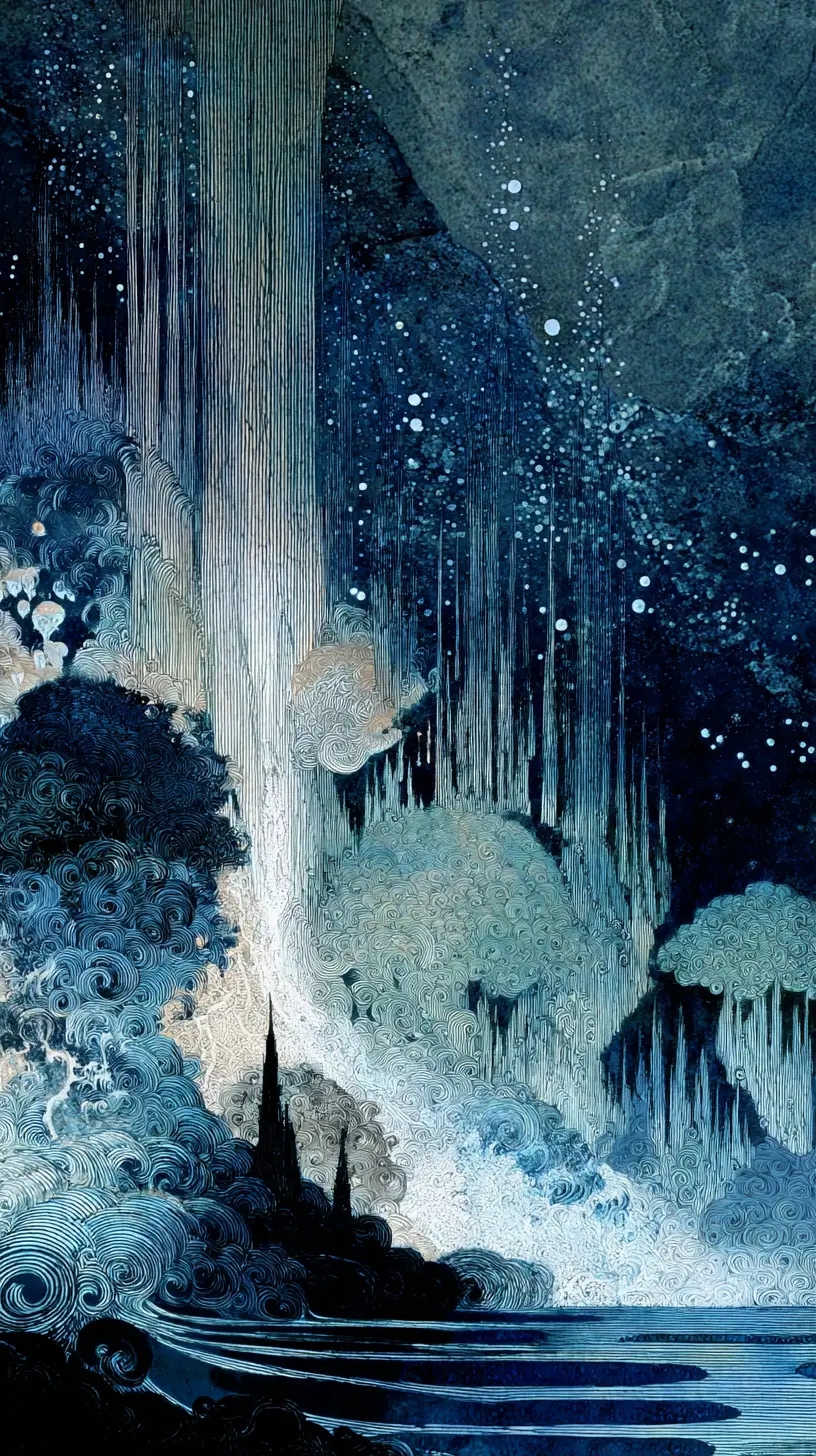 Acqua che scorre attraverso un bosco sommerso da sogno e surreale