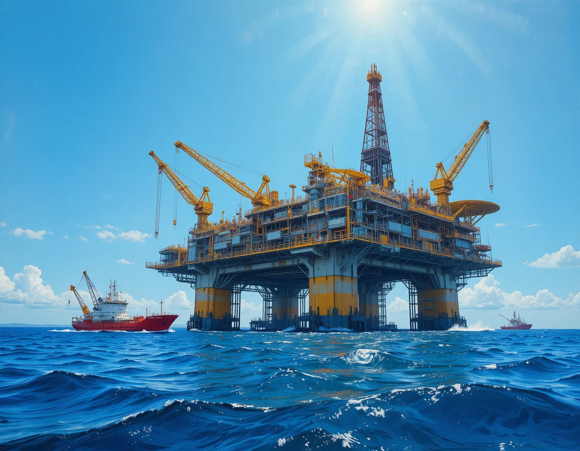 Industrial offshore oil platform with support vessels at sea