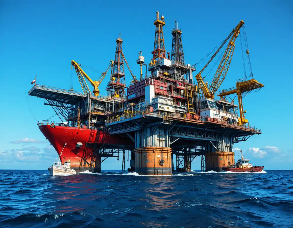Offshore oil platform with support ships on a calm blue sea
