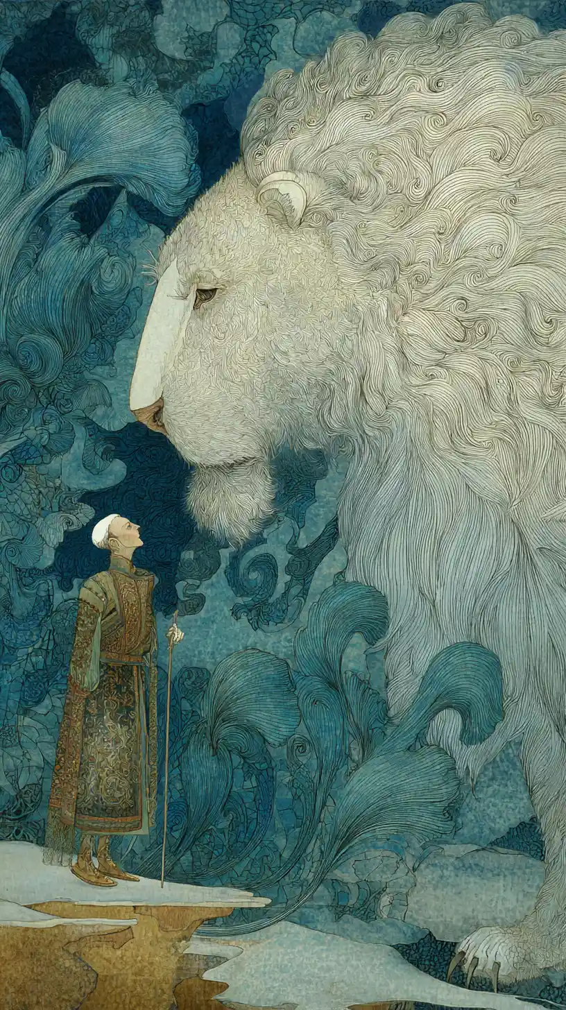 Surreal vision of a divine human figure in mythic landscape