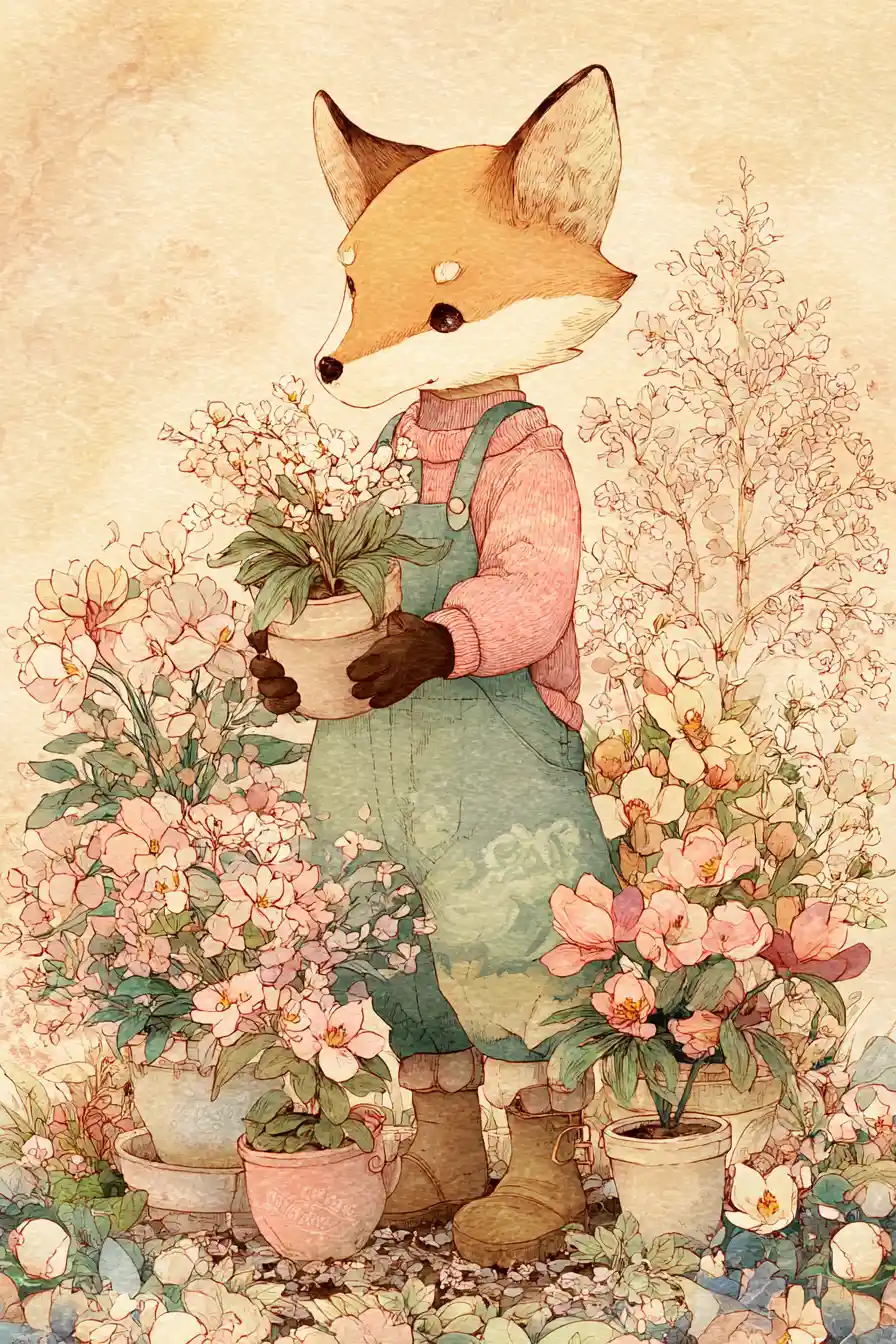 Fox Gardener Planting Flowers In A Cozy Backyard