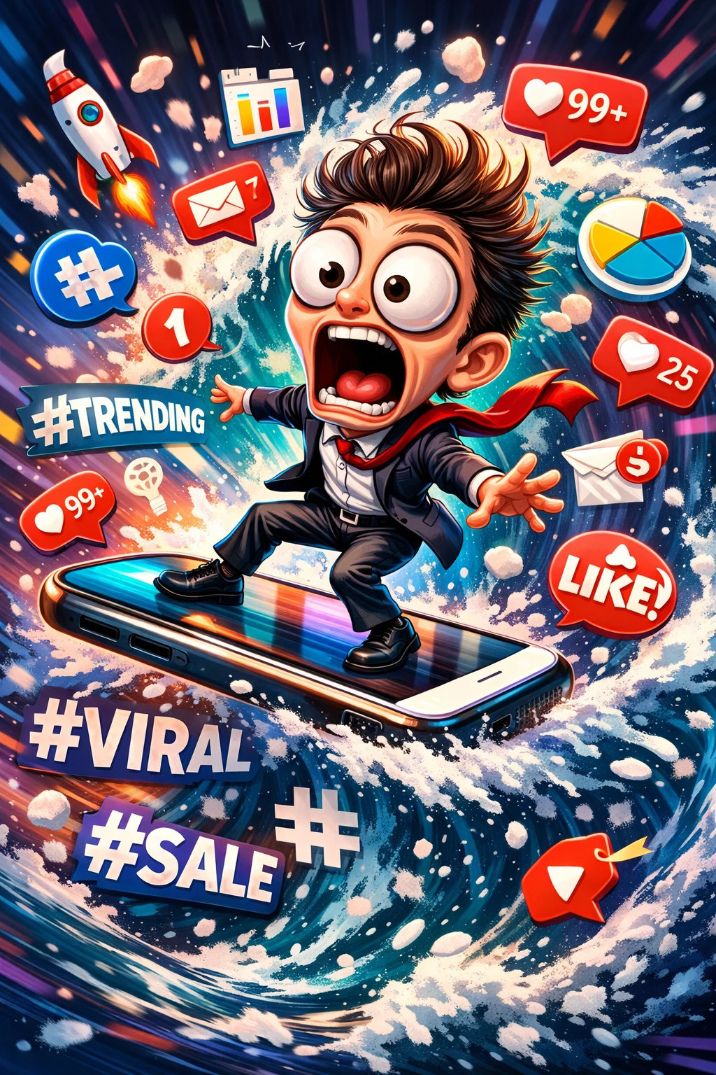 Responsabile marketing frenetico che fa surf su uno smartphone gigante tra onde di hashtag