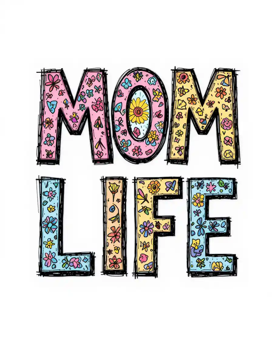 Verspieltes Mom-Life-Lettering mit bunten floralen Kritzeleien