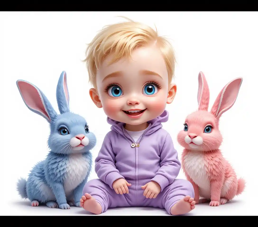 Bambino biondo sorridente con peluche pastello su sfondo bianco