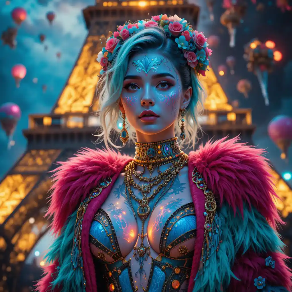 Ritratto surreale di moda al neon davanti alla Torre Eiffel