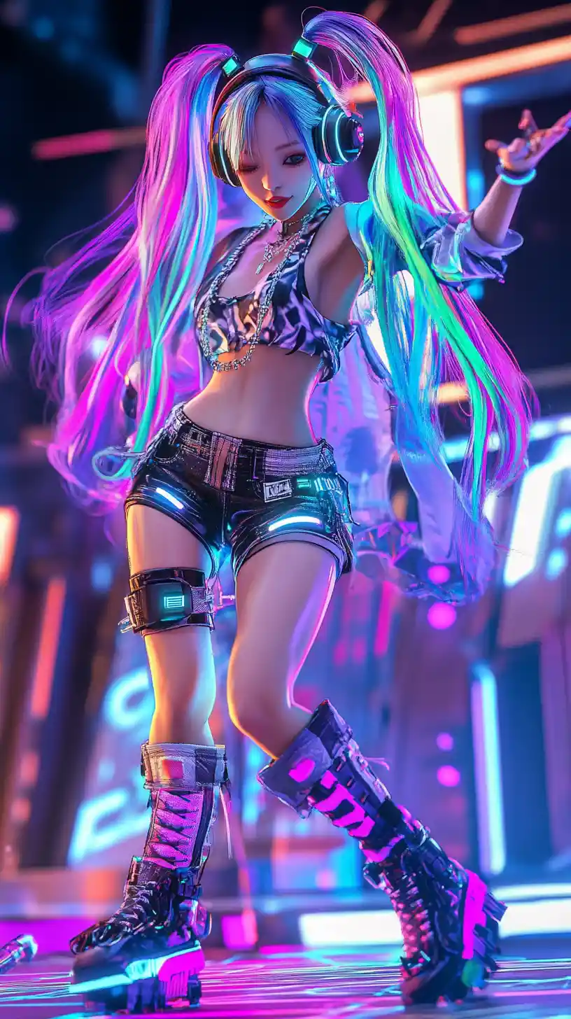 Anime k pop idol dancing on a vibrant concert stage