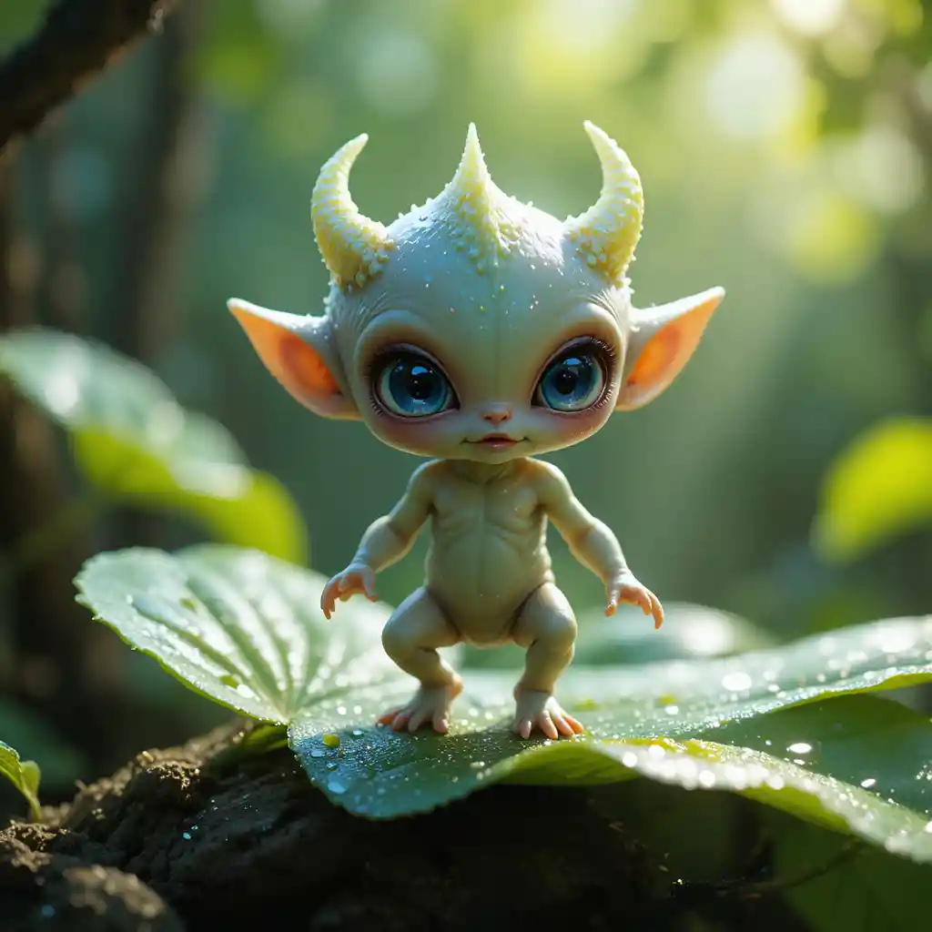 Pequeño bebé alienígena caminando sobre una hoja verde cubierta de rocío