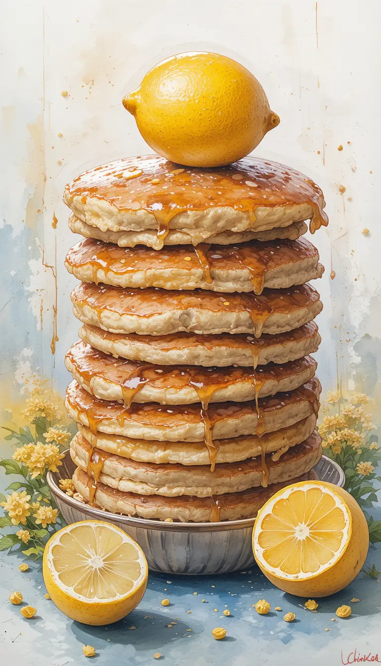 Acuarela de panqueques y limones en un plato