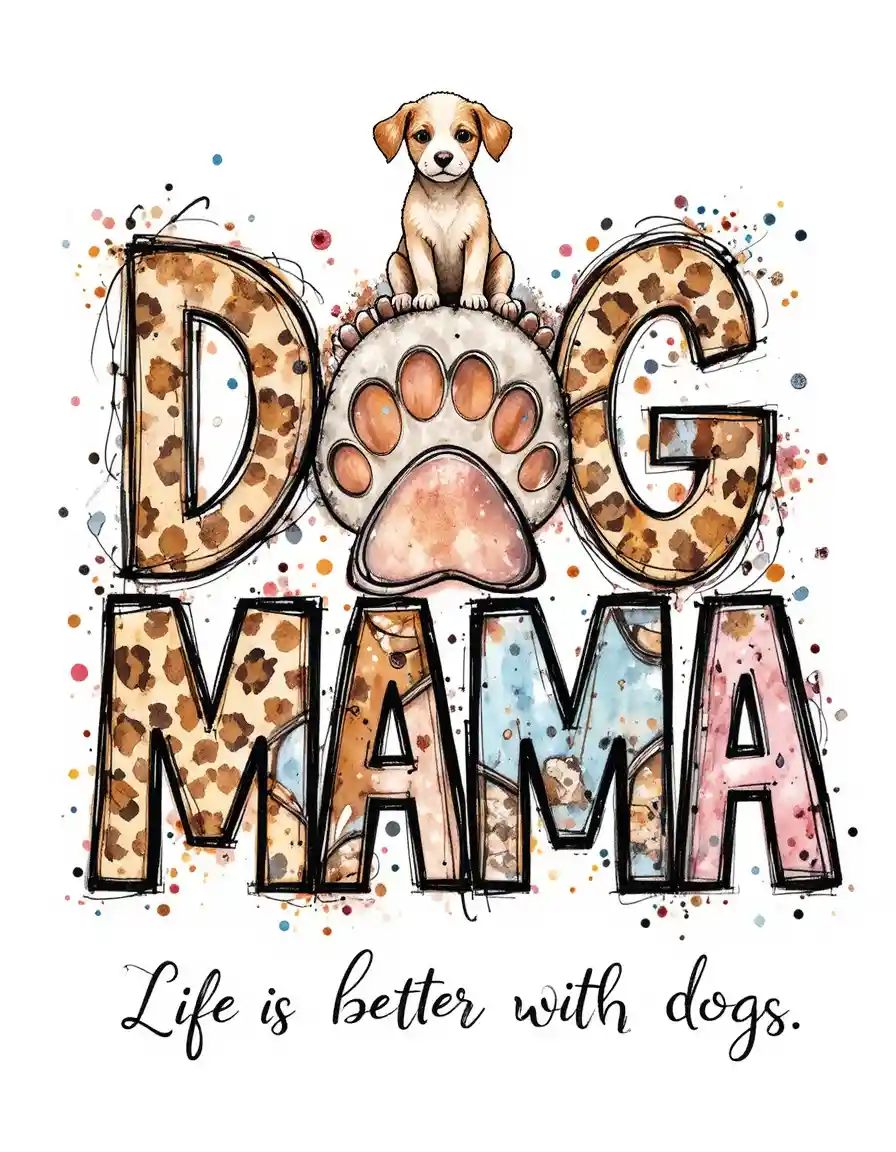 Watercolor dog mama lettering with paw and cute puppy
