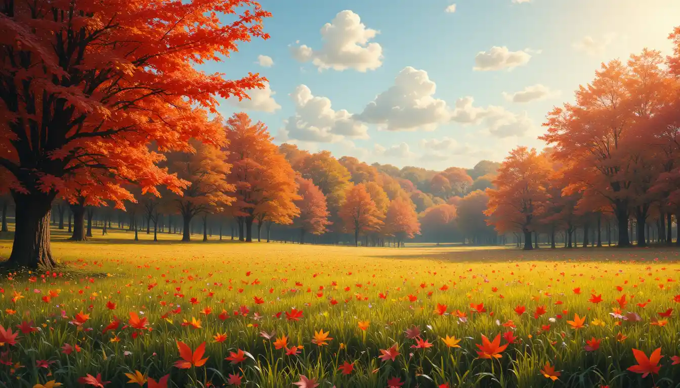 Pointillist maple leaves on a green meadow under soft sky