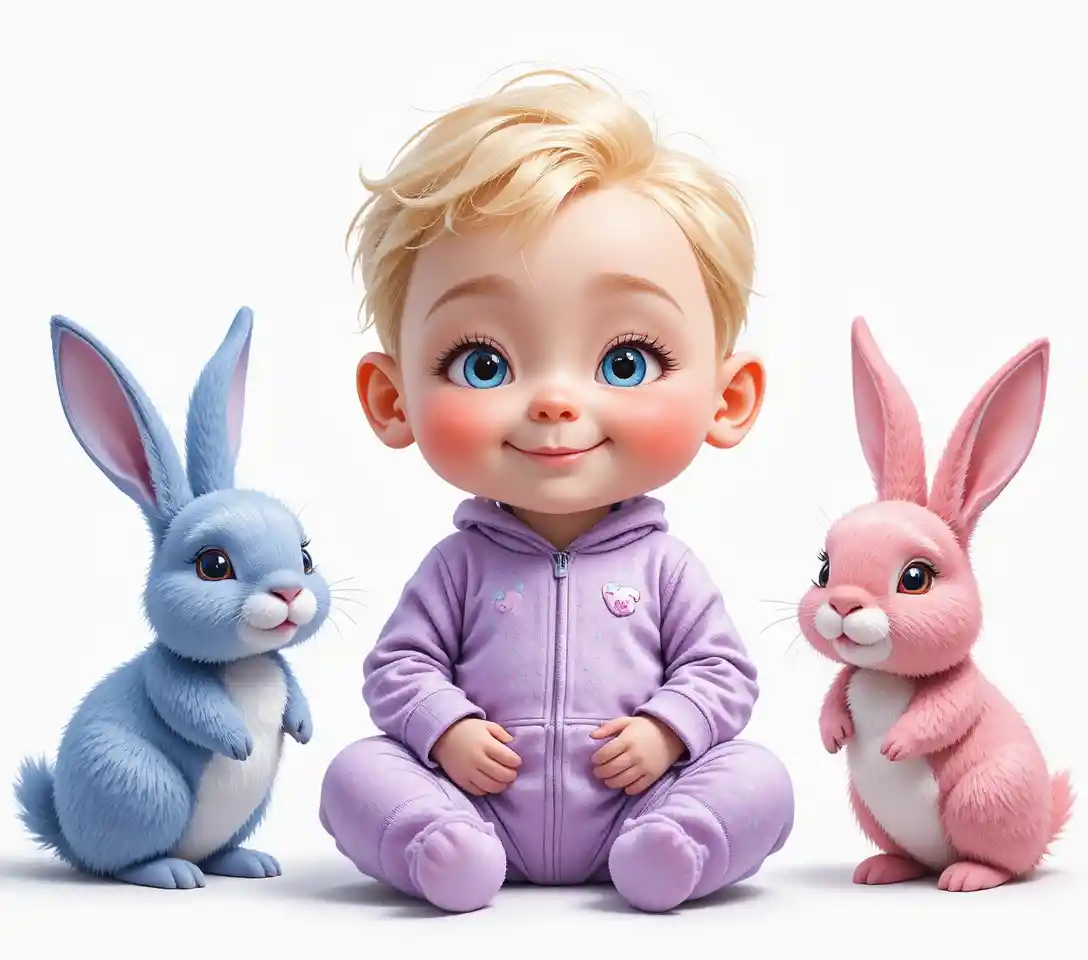 Smiling blond baby with plush toys on white background