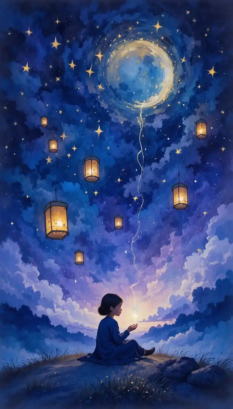Sleeping child under celestial night sky filled with stars