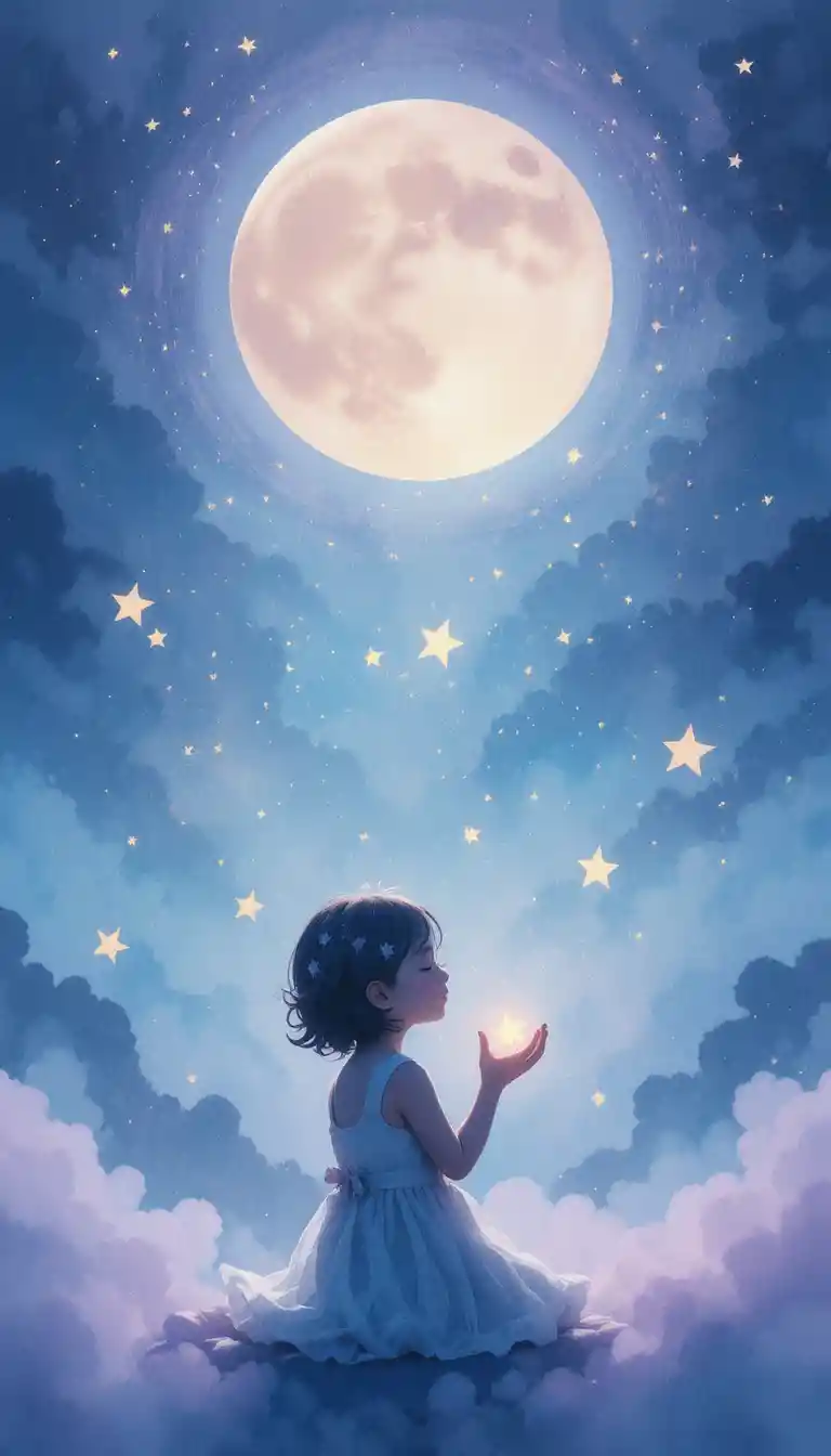 Bambino che dorme sotto un cielo notturno celeste luminoso al chiaro di luna