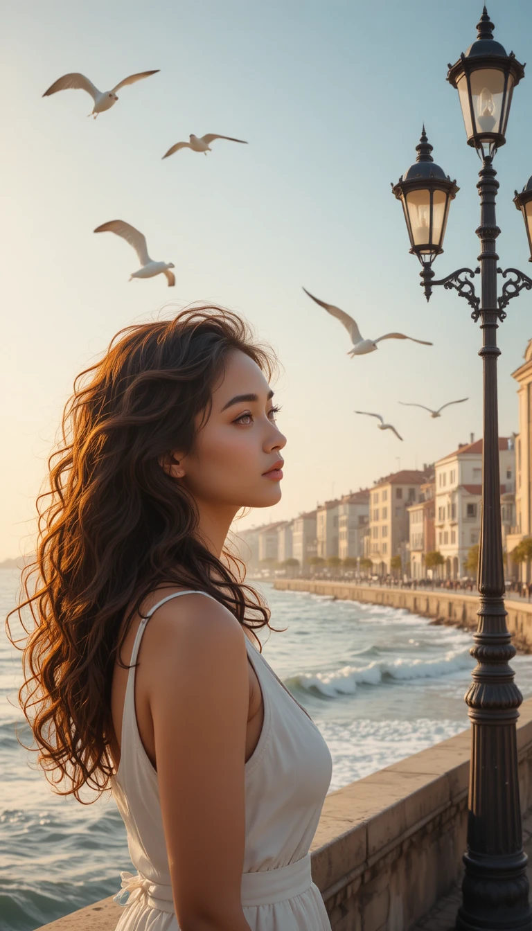 Young woman on a sunny seaside promenade at golden hour