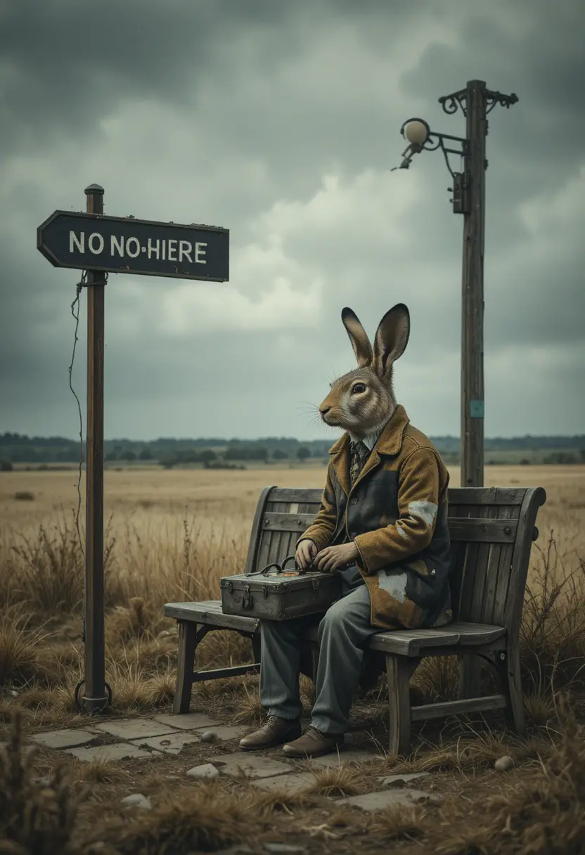 Lebre solitária esperando em um ponto de ônibus rural sob céus cinzentos