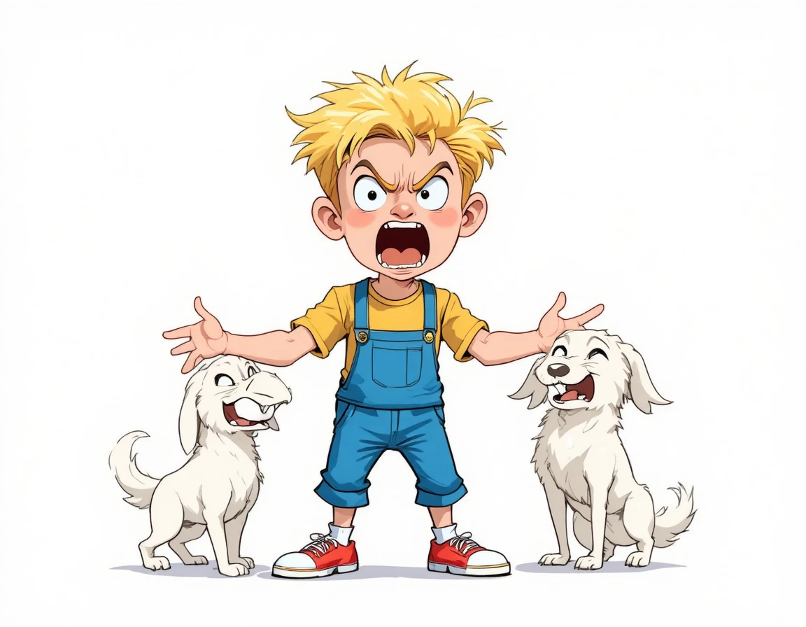 笑顔の白い犬のとなりで叫ぶ怒った金髪の少年