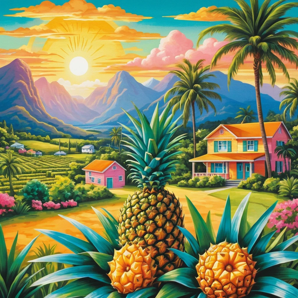 Piantagione tropicale di ananas all’alba in arte a matita pastello