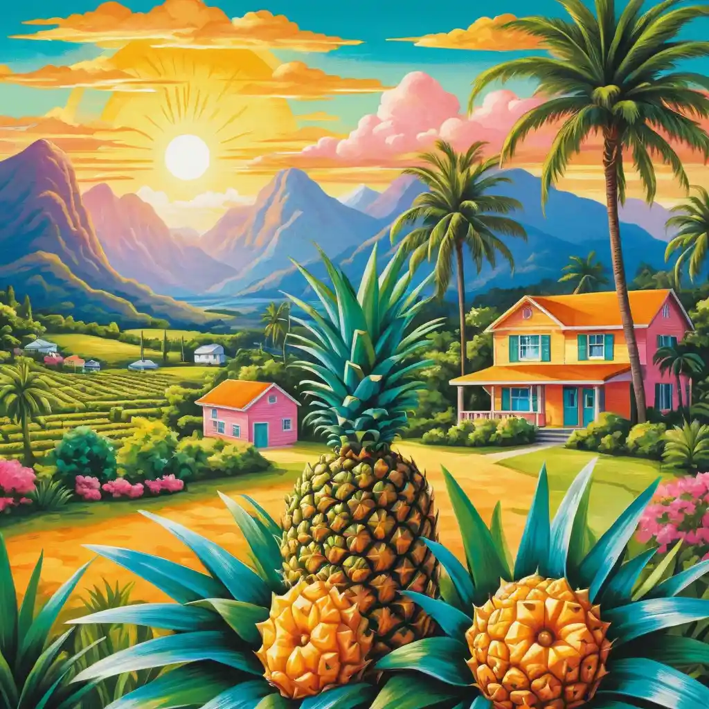 Tropical pineapple plantation at sunrise in pastel pencil art