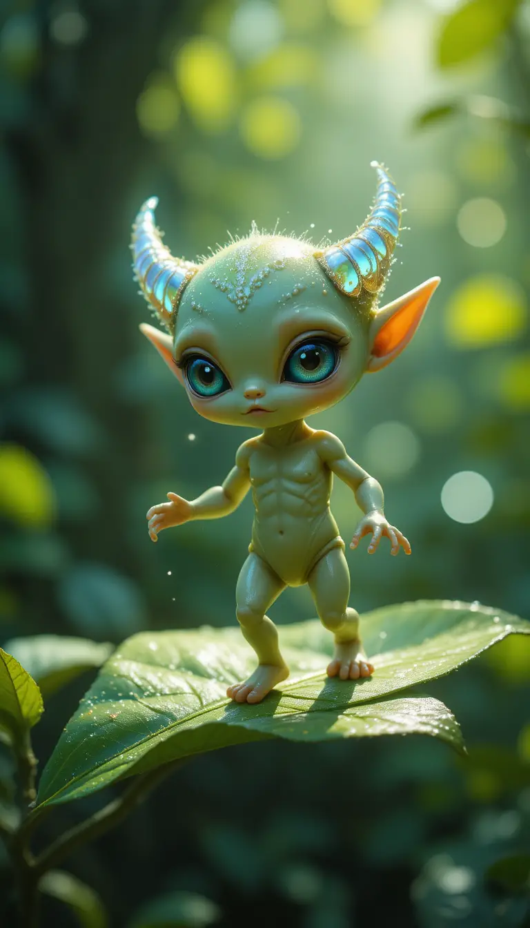 Bébé alien faisant ses premiers pas sur une feuille verte lumineuse