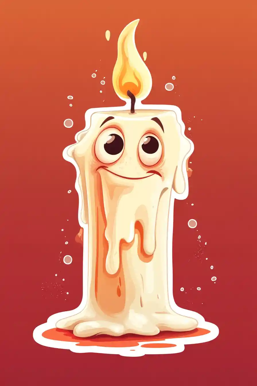 Cartoon melting candle with expressive face and wax tear