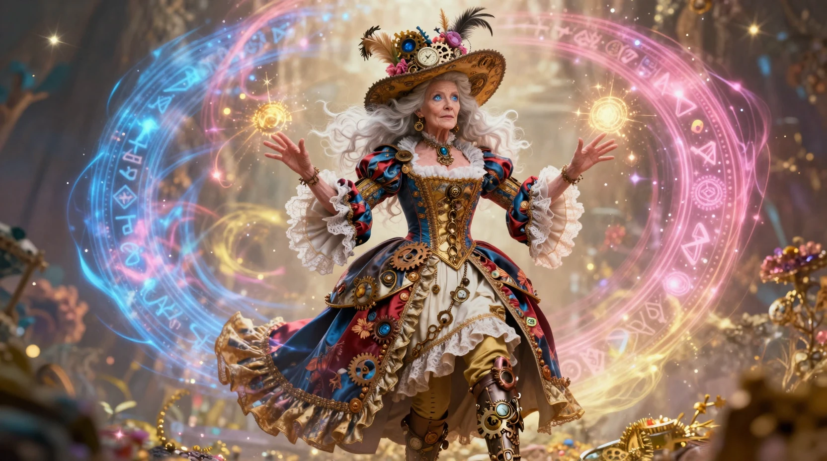 Hechicera ancestral con elegante atuendo steampunk mágico en espirales