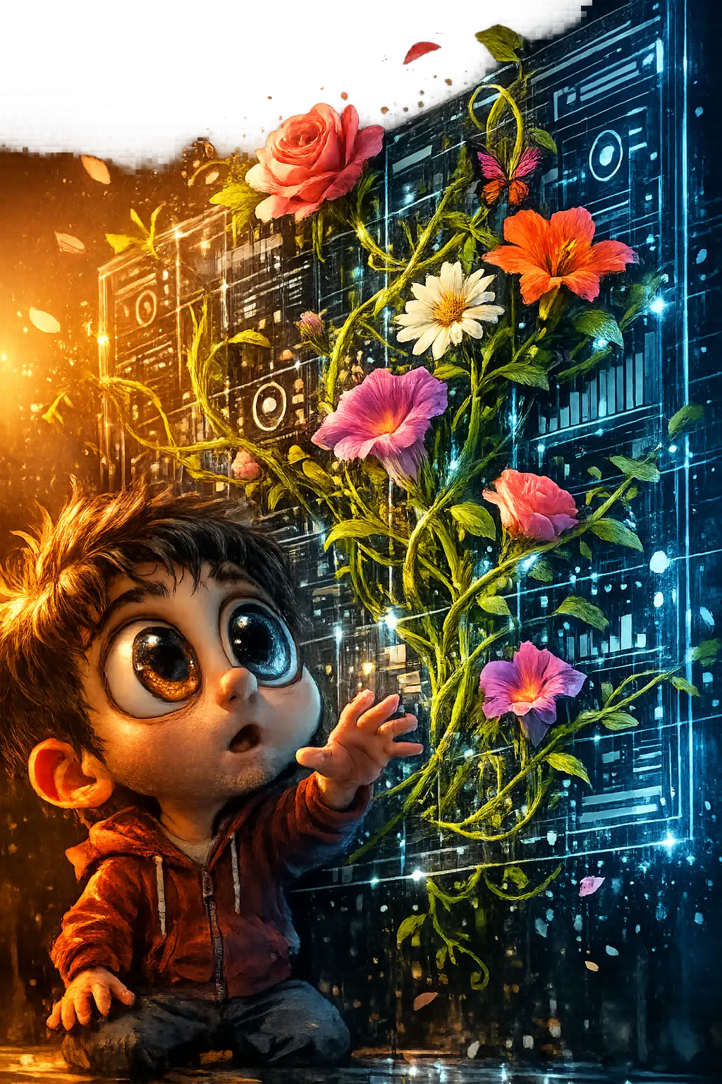 Artista surrealista que alcanza una interfaz holográfica de flores en crecimiento