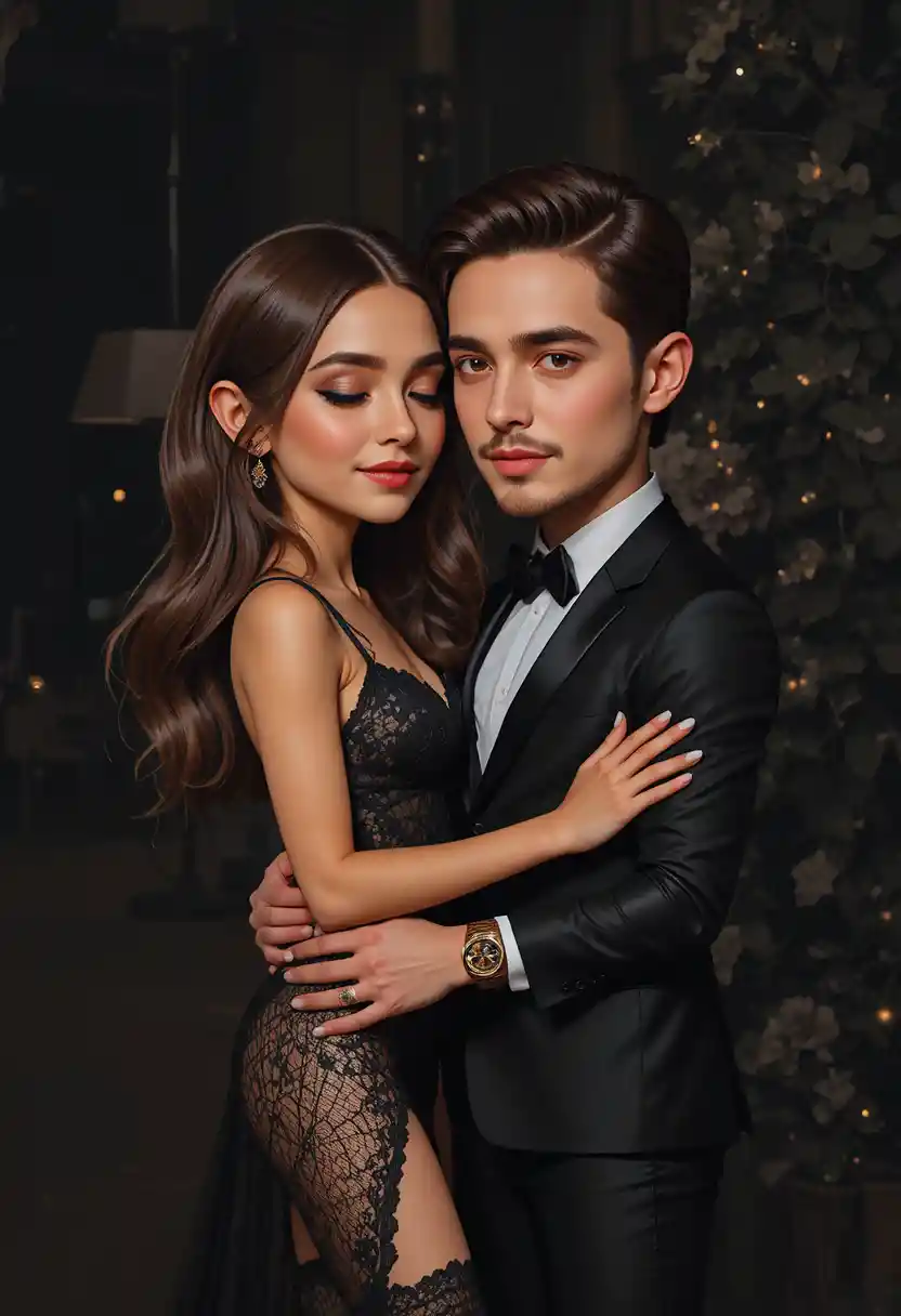Casal elegante se abraçando em traje de gala