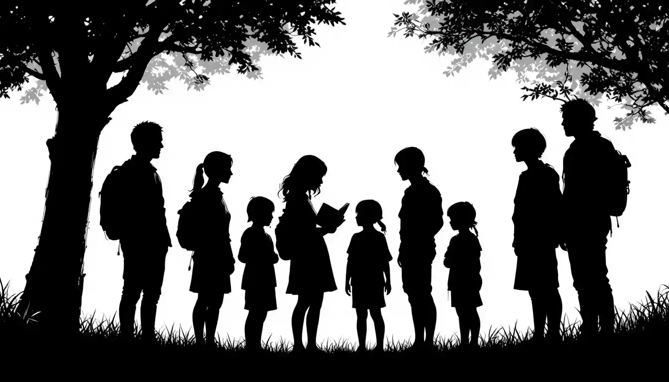Silhouette group standing on grass with woman reading book
