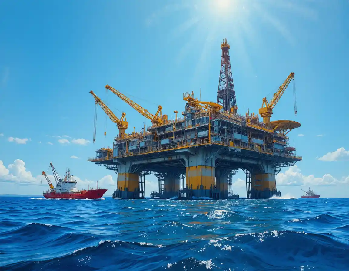 Industrial offshore oil platform with support vessels at sea